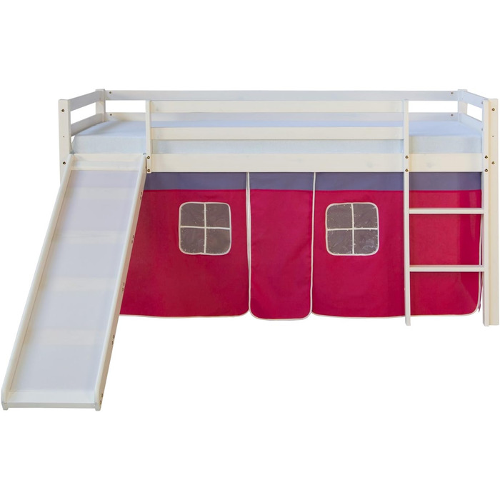 Дитяче ліжко Homestyle4u 90x200 см, біле, з гіркою та рожевим шторкою, дерев'яне ліжко-горище з сосни для дитячої кімнати