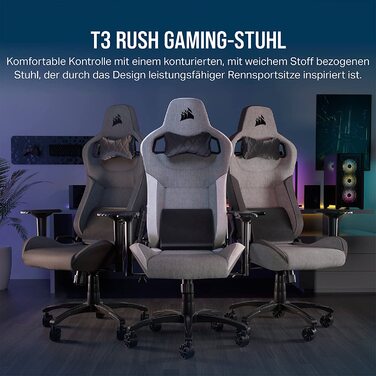 Ігрове крісло Corsair T3 RUSH Fabric (2023) – комфорт та стиль, натхненний автоспортом, тканинне покриття, підголовник та поперекова підтримка з пам'яті форми, антрацит