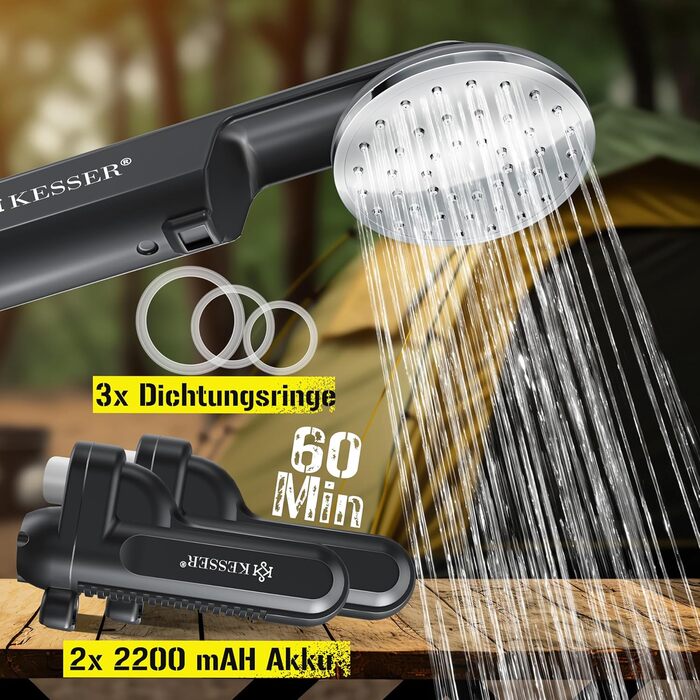 Кемпінгова душова кабіна KESSER® з акумулятором та ручною лійкою, 2 x 2200mAh, USB-зарядка, для кемпінгу, саду, авто, відпочинку на природі, миття собак, миття автомобіля, з сумкою, 12V насос, чорний/сірий