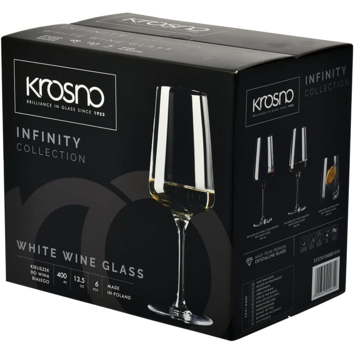 Набір келихів для білого вина та шампанського Krosno Infinity, 400 мл, 6 штук, кришталеве безсвинцеве скло, елегантний дизайн, для дому, ресторанів та вечірок, можна мити в посудомийній машині