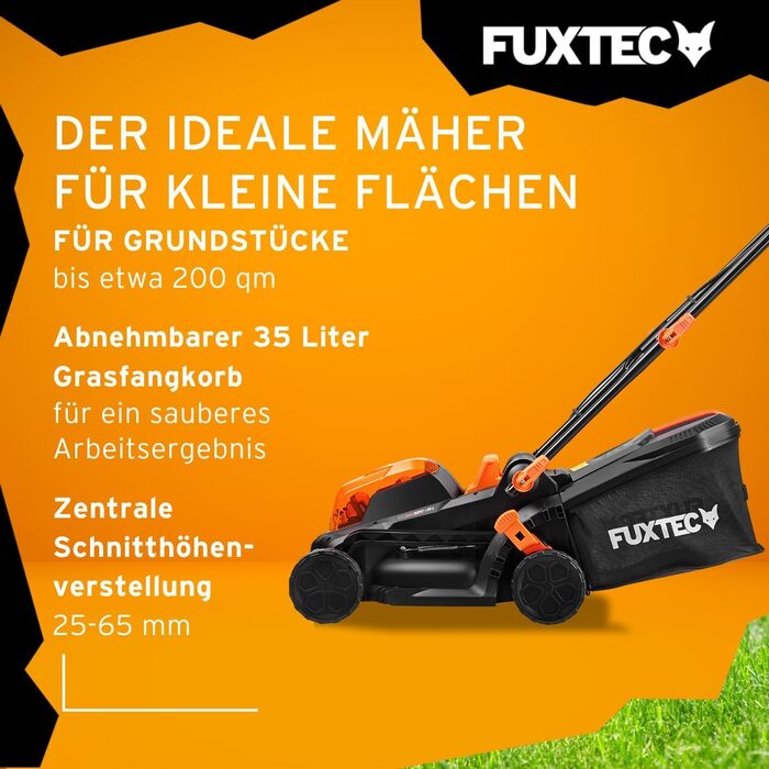 Акумуляторний газонокосарка FUXTEC 40V E1RM20 з 2x20V Li-Ion акумуляторами 2Ah та подвійним зарядним пристроєм – ширина зрізу 33 см, регульована висота зрізу