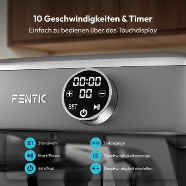 Планетарний міксер Küchenmaschine 1800Вт, чаша з нержавіючої сталі 7л, тістоміс для хліба та піци, 10 швидкостей з таймером, набір насадок та захист від бризок, сірий