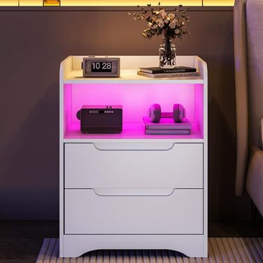 Тумбочка з розеткою та LED-підсвічуванням Brinlawb, 2 шухляди, USB, біла, 35x40x58 см, для спальні та вітальні