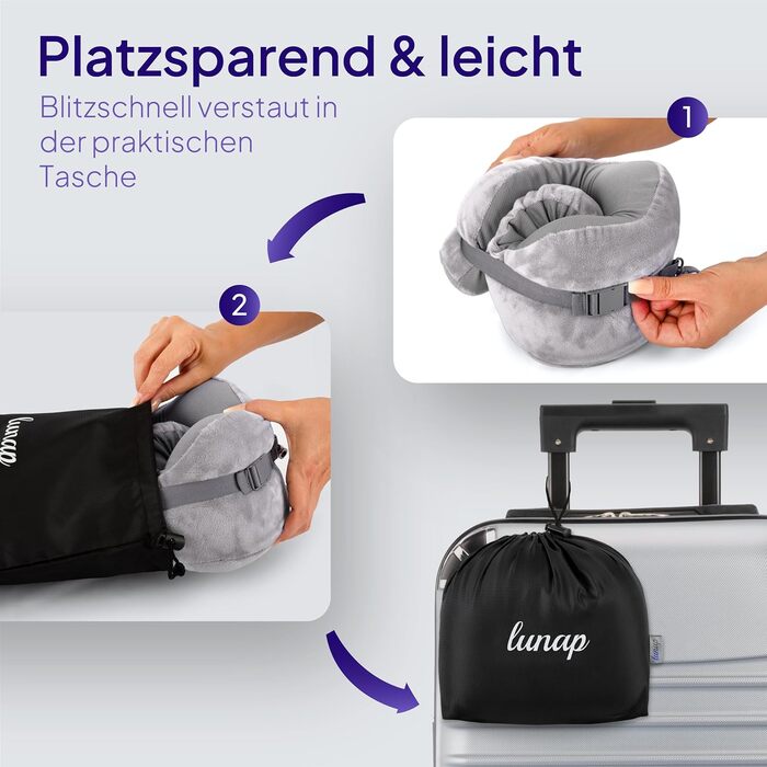Дорожня подушка для шиї Memory Foam lunap, сіра, ортопедична, для літака та авто, знімний чохол