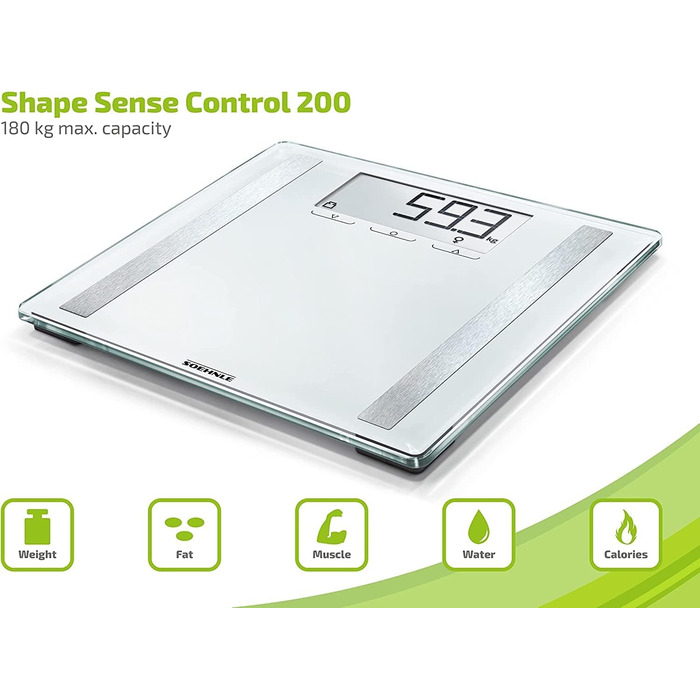 Цифрова вага Soehnle Shape Sense Control 200 для людей з великим LCD-дисплеєм, автоматичне вмикання та вимикання, плоска вага для тіла