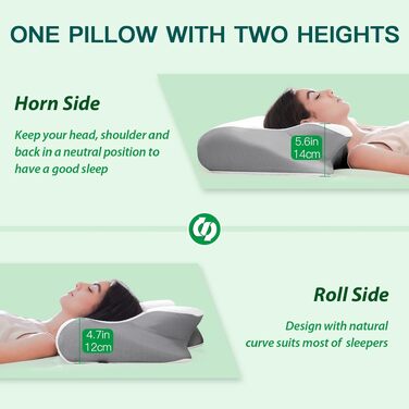 Подушка для шиї з піни Memory Foam 2-в-1, ергономічна, 60x40x12/14 см, сіра - для сну на спині, боці та животі