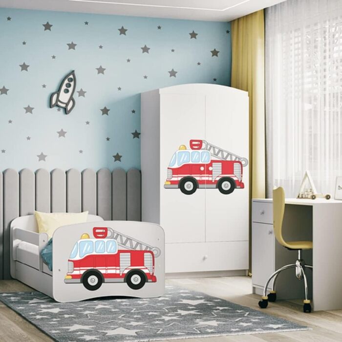 Дитяче ліжко Kids Collective 160x80 см з бортиком, ламелями та ящиком, біле, для хлопчиків, пожежна машина