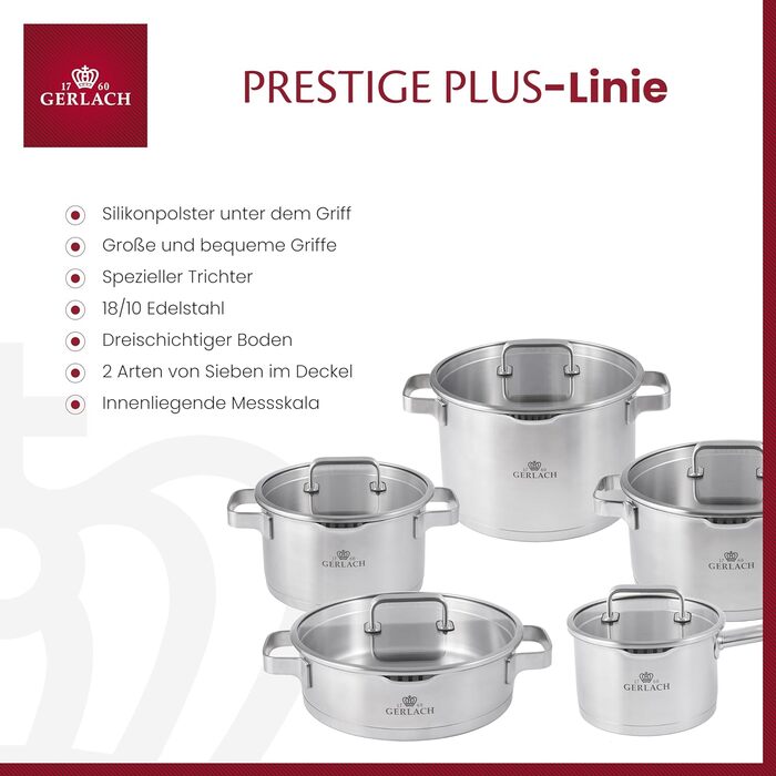 Набір каструль Gerlach Prestige Plus із нержавіючої сталі для індукції, 5 штук (1,5 л, 2,5 л, 3 л, 4,5 л, 6 л), можна мити в посудомийній машині