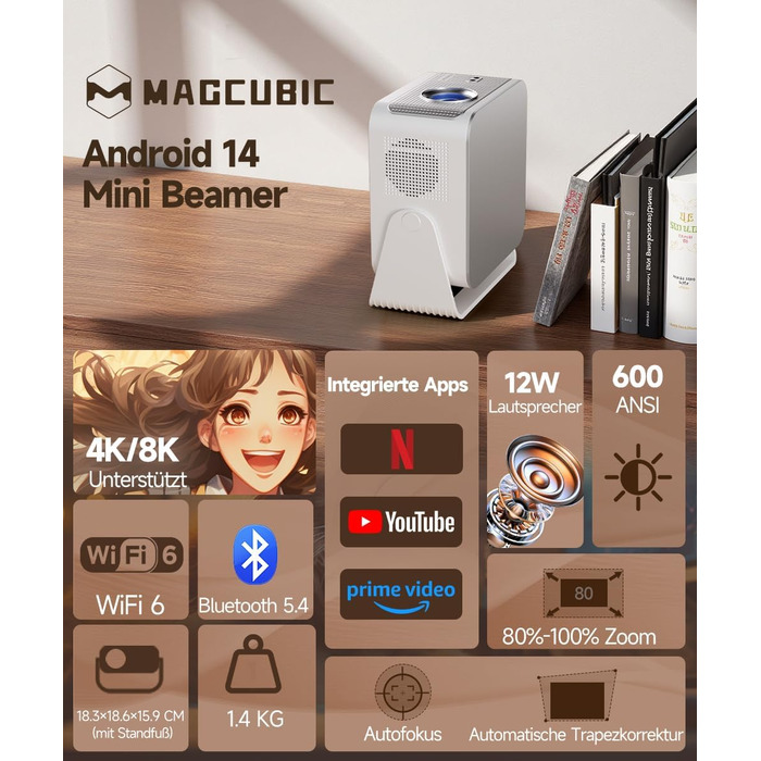 Смарт-проектор Magcubic HY350MAX 4K/8K, WiFi 6, Bluetooth 5.4, Автофокус, 6D автокоррекция трапеції, динамік 12W, поворот на 180°, портативний домашній кінотеатр, чорний