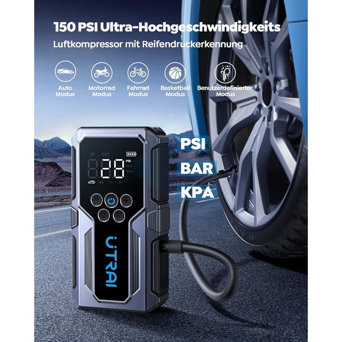 Пусковий пристрій UTRAI Jump Starter 4500A 15000mAh з компресором для авто, бустер для двигунів до 8.5L бензин / 6.5L дизель, швидка зарядка 18W та ліхтариком