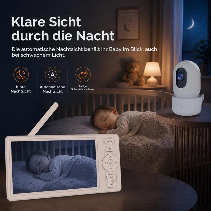 Відеоняня HelloBaby з WiFi та камерою: монітор з нічним баченням, датчиком руху, двостороннім аудіо та керуванням через додаток (5.5 дюймів, білий)