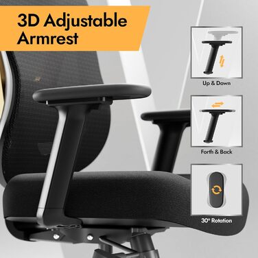 Ергономічне крісло для офісу та дому з 3D поперековою підтримкою та регульованими підлокітниками, біле (чорно-золоте)