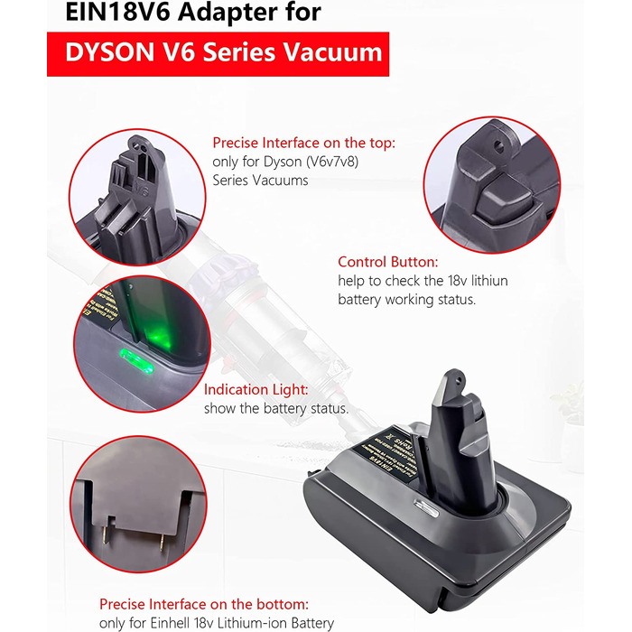 Адаптер URUN MT18V6 для акумулятора Makita 18V до пилососа Dyson V6, сумісний з Animal+, Fluffy, DC62, DC58, DC59, DC61, SV06, тільки адаптер