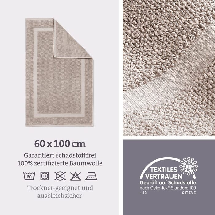 Килимок для ванної herzbach home, 100% бавовна, 60x100 см, піщано-сірий, 1000 г/м², високий рівень вбирання, машинне прання