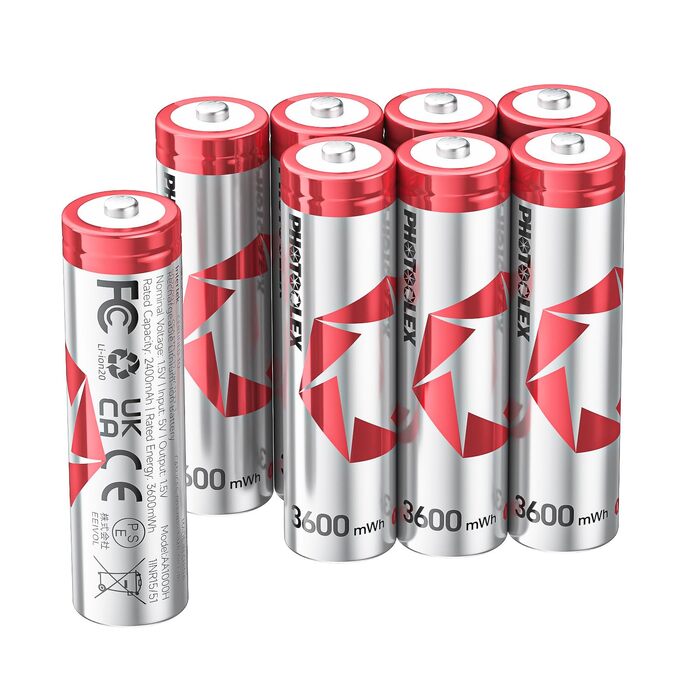 Акумулятори PHOTOOLEX AA Li-ion 1.5V 3600mWh, комплект 8 шт. з кейсом для зберігання, висока ємність