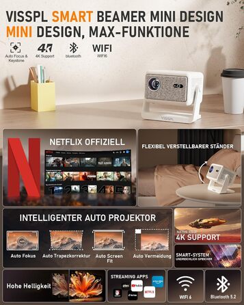 Міні проєктор Smart Beamer A-27000L: Full HD 1080P, WiFi6, Bluetooth, Netflix, 4K, Автофокус, для дому та на вулицю