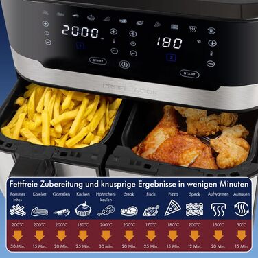 ProfiCook Подвійна аерофритюрниця 9 л XXL, 2400 Вт, 9 програм, сенсорне управління, подвійна камера, без олії