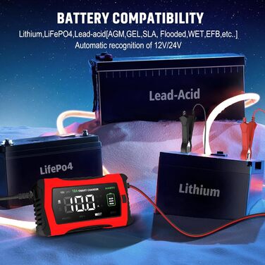 Інтелектуальне зарядне пристрій для акумулятора Haibito 12V/24V 10A з LCD-дисплеєм, для автомобіля