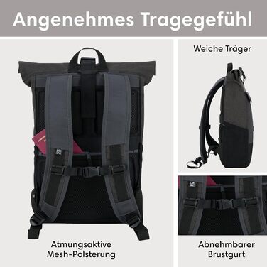 Рюкзак LARKSON Rolltop для жінок і чоловіків, водостійкий, для ноутбука, подорожей, роботи, університету, велосипедний, чорний/сірий, універсальний розмір