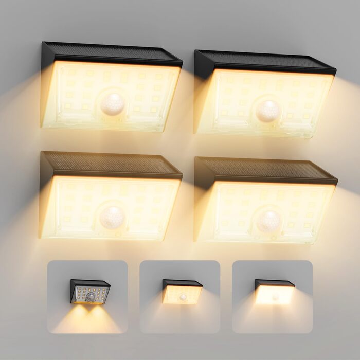 Комплект сонячних настінних світильників Smiling Shark WL-06 (4 шт), LED-лампи з датчиком руху 120°, 4 режими роботи, водонепроникні IP65 для саду, тераси та паркану, тепле біле світло