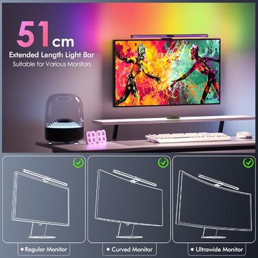 RGB-лампа для монітора Quntis 51 см з підсвічуванням, пультом ДК, 15 режимів, для геймінгу, офісу, USB