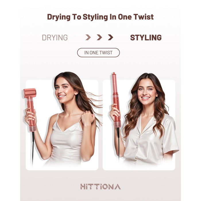 HITTIONA 5-в-1 Airstyler + Фен-щітка для волосся з іонізацією 110 000 об/хв, Автоматичний локон, Без термопошкоджень, Швидке сушіння та об'єм, Професійний стайлер для всіх типів волосся + Чохол для подорожей, Колір: Вишнево-червоний