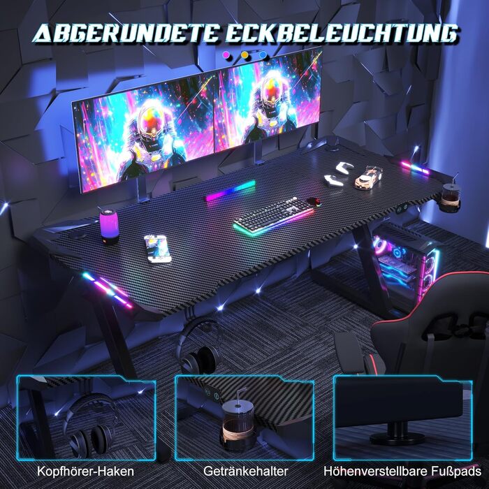 Ігровий стіл JUMMICO з RGB LED-підсвіткою, комп'ютерний стіл для геймерів та Home Office з тримачем для навушників та підстаканником, чорний (160x60 см)