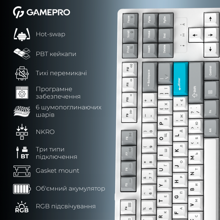 Бездротова механічна клавіатура GamePro Asgard Ragnar (MK285WH)