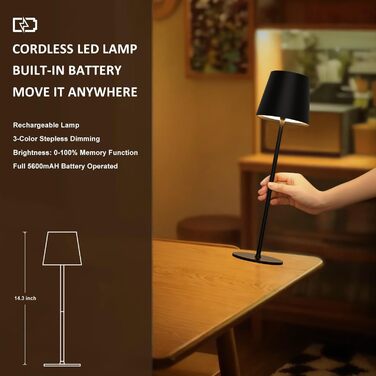 Диммерна LED лампа на акумуляторі 2 шт., сенсорне керування, USB-C, металева, перезаряджається, для вулиці та дому, IP44, 5600mAh, 5W, чорна