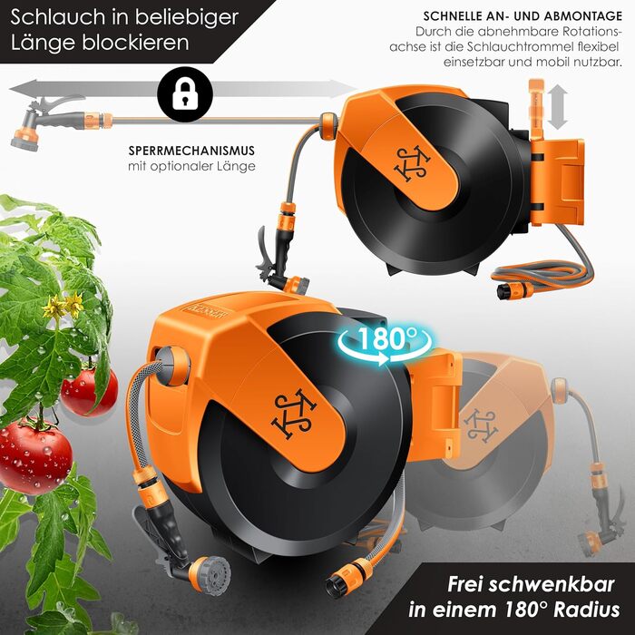 Шланг садовий KESSER® на котушці 35м з настінним кріпленням, поворотний 180°, автоматичне скручування, чорно-помаранчевий, з душем 7 функцій