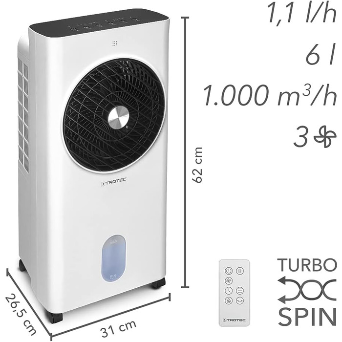 Trotec Aircooler PAE 31: Мобільний 3-в-1 Повітряний Охолоджувач, Зволожувач та Вентилятор, 6л, 1л/год, 3 швидкості, Таймер, Нічний режим
