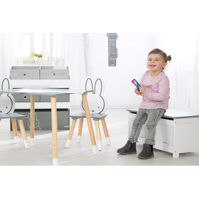 Дитячий ігровий стелаж roba miffy® з 5 сірими тканинними ящиками, білий дерев'яний органайзер з кроликом для іграшок у дитячу кімнату для хлопчиків і дівчаток