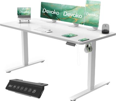 Електричний регульований стіл Devoko з USB, 160x70 см, білий – офісний комп'ютерний стіл для роботи сидячи/стоячи