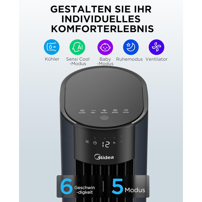 Мобільний випарний охолоджувач повітря Midea Sensicool 7л з сенсорним дисплеєм та 6 швидкостями