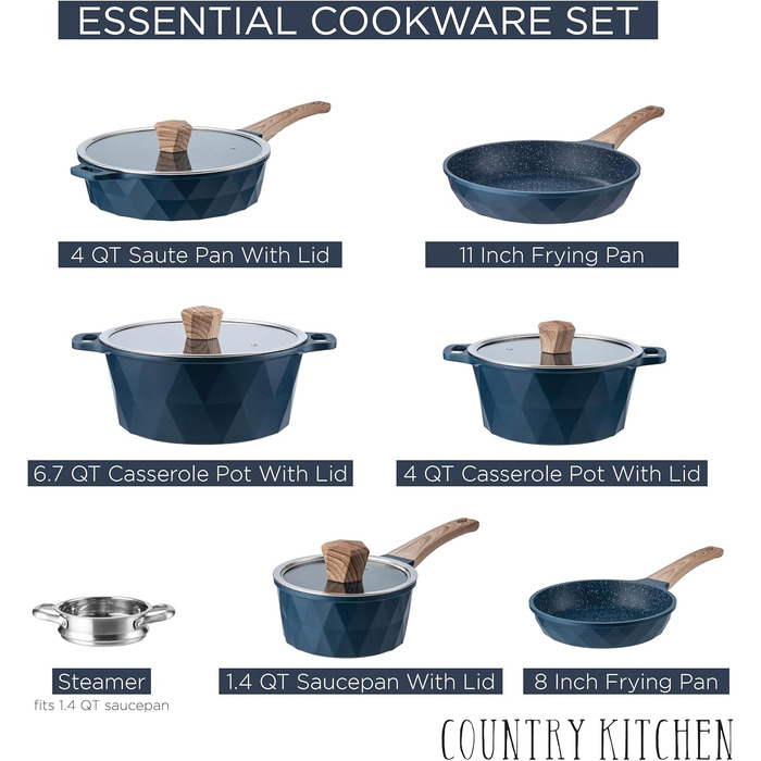 Набір посуду індукційного Country Kitchen Navy Diamond 13 предметів: каструлі та сковороди з антипригарним алюмінієвим покриттям, бакелітові ручки, скляні кришки (синій)