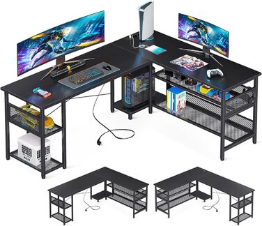 Кутовий комп'ютерний стіл ODK, L-подібний, з розетками і USB, чорний, 168×120 см, з великим простором для зберігання