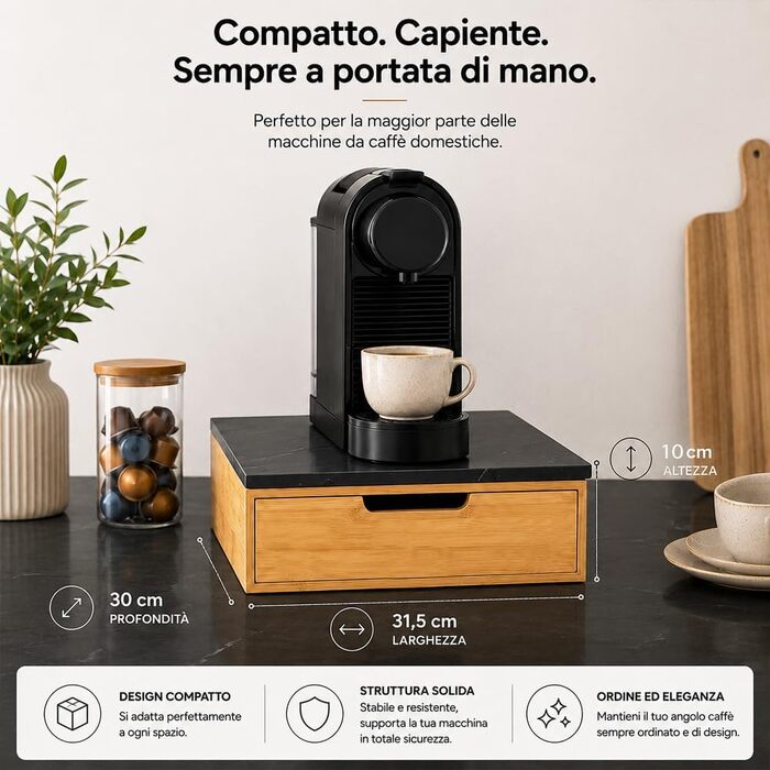 Держак для кавових капсул BAKAJI з шухлядою з бамбукового дерева для Nespresso, Dolce Gusto, Modomio, Lavazza, чайних пакетів та цукру, чорний (31,5 x 30 x 10 см)