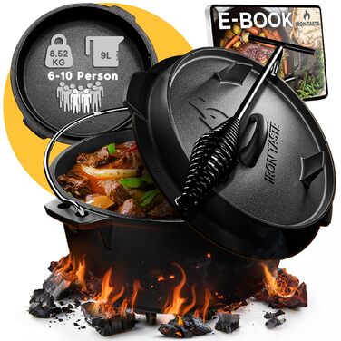 Чавунний казан Dutch Oven 9л з ніжками та знімачем кришки, набір для приготування їжі на відкритому вогні (на 6-10 осіб)