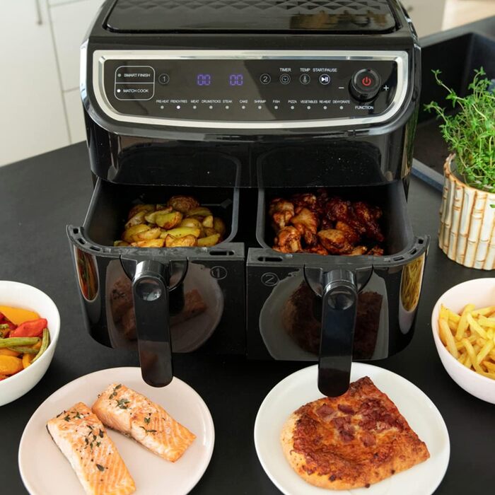 Аерофритюрниця Gastronoma XXL 9 л, подвійна, 2400 Вт, 2 кошики, LED дисплей, 11 програм, чорна/срібляста