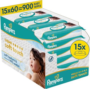 Дитячі вологі серветки Pampers Aqua Soft Touch, 15 упаковок по 60 шт (900 шт), гіпоалергенні