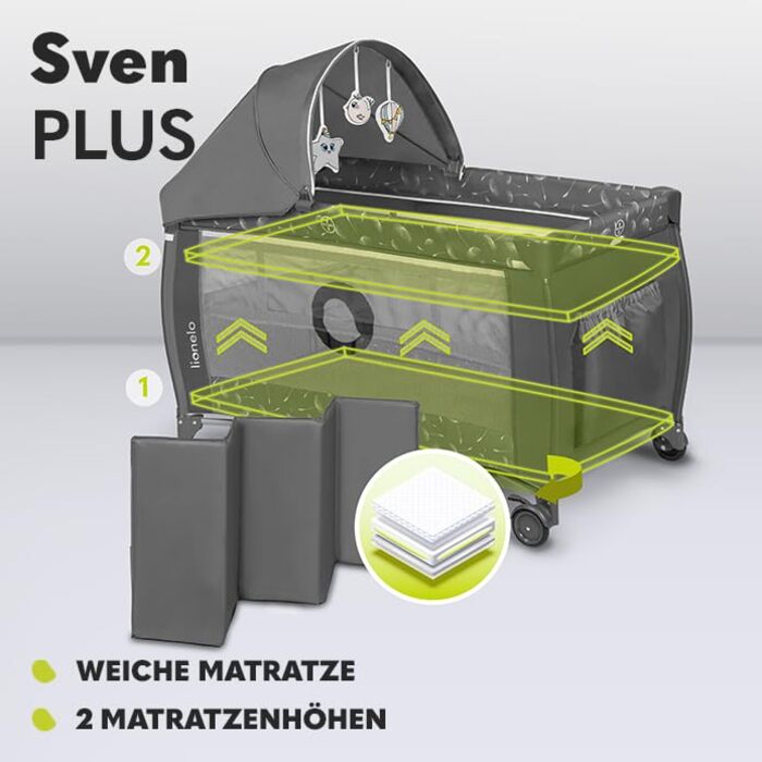 Дитяче ліжечко-манеж Lionelo Sven Plus 4-в-1 з пеленатором, москітною сіткою, бічним входом, до 15 кг, складане, із сумкою