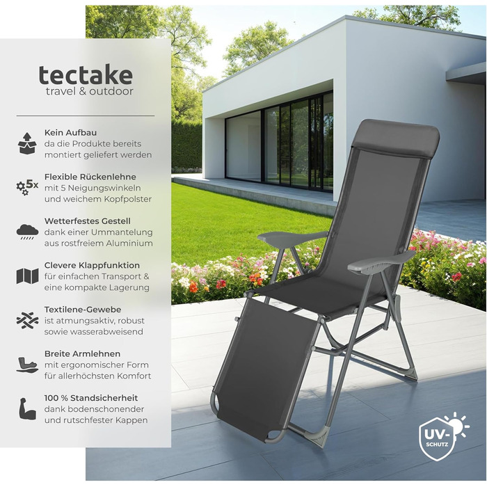 Набір з 2 шт. лежаків для відпочинку Tectake® з алюмінію, садова мебель, 5-позиційна спинка, підставка для ніг, легкі та складані, крісло-релакс з підголовником, для саду, балкону, кемпінгу - антрацит