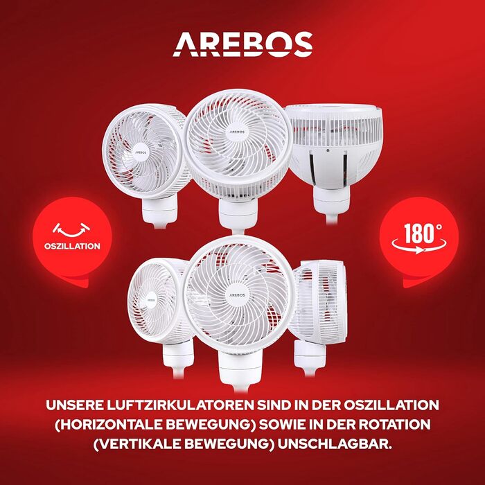 Вентилятор Arebos 55Вт, 3D осциляція, 23 см, тихий, регульована висота, 4 швидкості, таймер, дистанційне керування