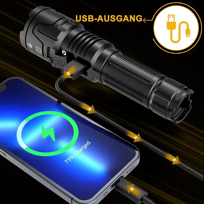Ліхтарик BEYSTE LED акумуляторний, надяскравий 500000 люмен, тактичний, USB-C, для кемпінгу, аварійних ситуацій, обсидіаново-чорний