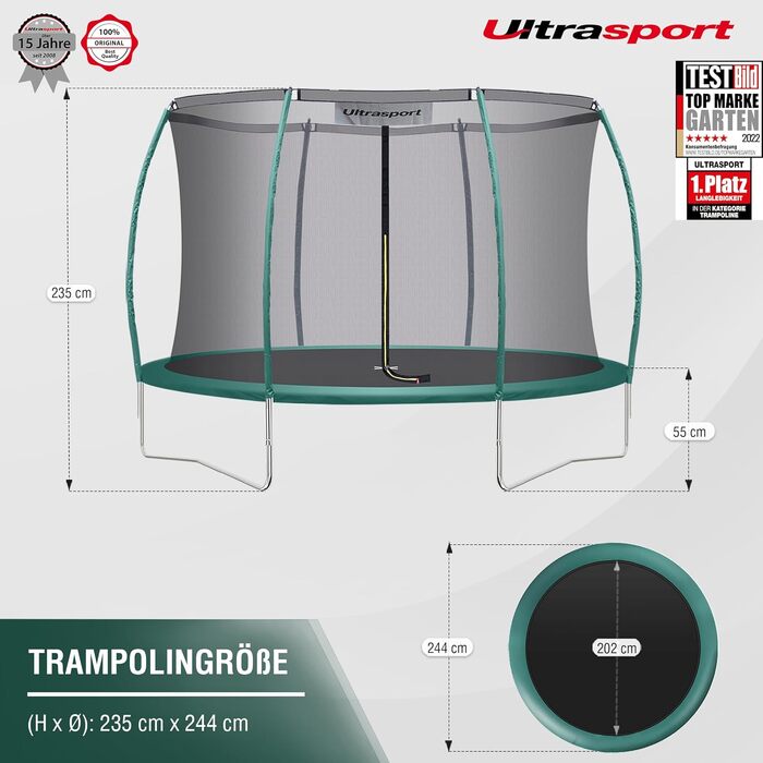 Дитячий батут Ultrasport Deluxe для вулиці Ø 244 см, до 150 кг, з захисною сіткою, драбиною та набором для монтажу