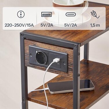 Вузький консольний стіл HOOBRO з зарядним пристроєм (USB-A, USB-C, AC), 3-ярусний приставний столик з полицями для передпокою та вітальні, чорний/коричневий, EBF42CXG01