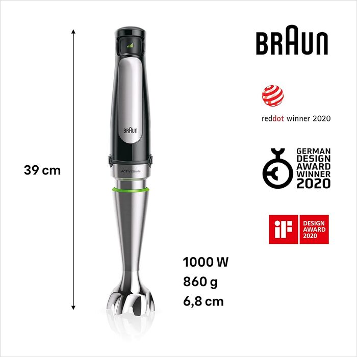 Блендер Braun MultiQuick 7 MQ 7045X, 1000 Вт, ручний, знімна нержавіюча ніжка, технологія ActiveBlade, набір з 4 насадок, чорний