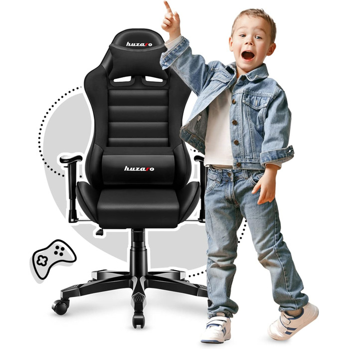Ігрове крісло Huzaro Ranger 6.0 для дітей, ергономічне, з подушками для шиї та попереку, з підлокітниками, штучна шкіра, сучасний дизайн, чорне