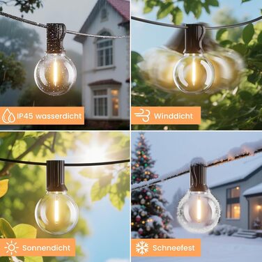 LED гірлянда вулична 15м, 16 ламп, IP65, теплий білий 2700K, для саду, тераси, весіль