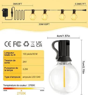 LED гірлянда вулична 30м G40 з пультом, IP44 для саду, тераси, веранди